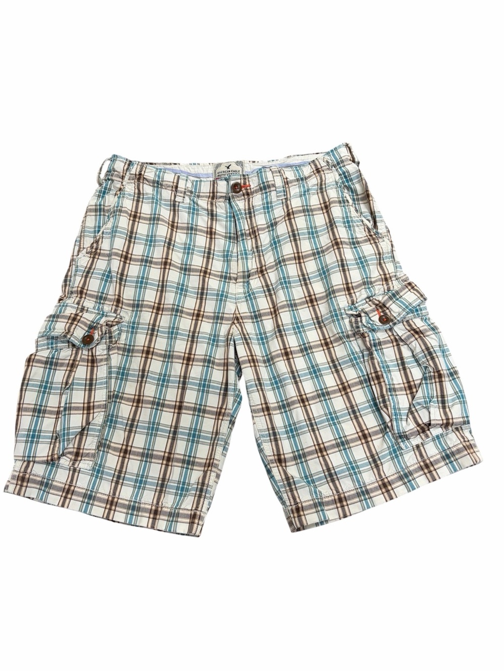 American Eagle Men’s Plaid Cargo Shorts in White, Blue & Brown